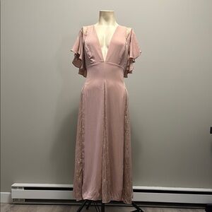 Elegant Pink Plunge Neck Flutter Sleeve Maxi Dress